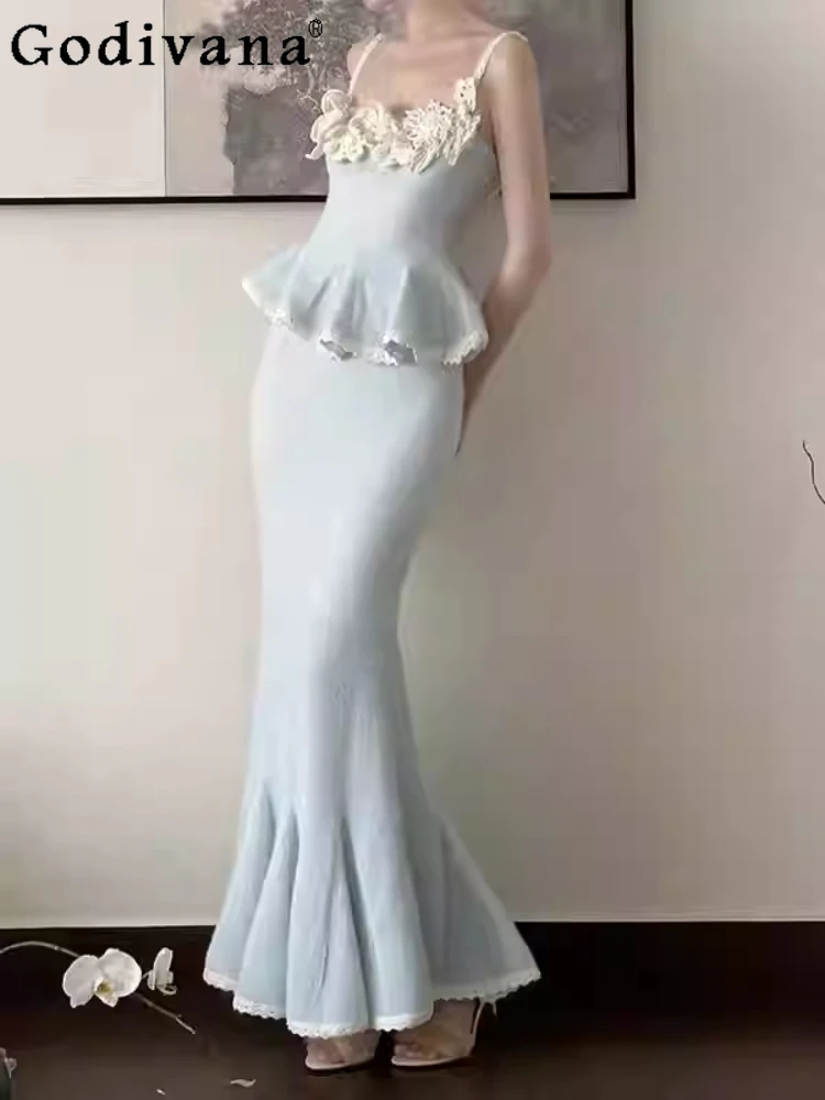 

Large Size French Autumn Winter Lace Splicing Suspenders Slash Neck Top Sweet Girls High Waist Fashion Versatile Fishtail Skirt