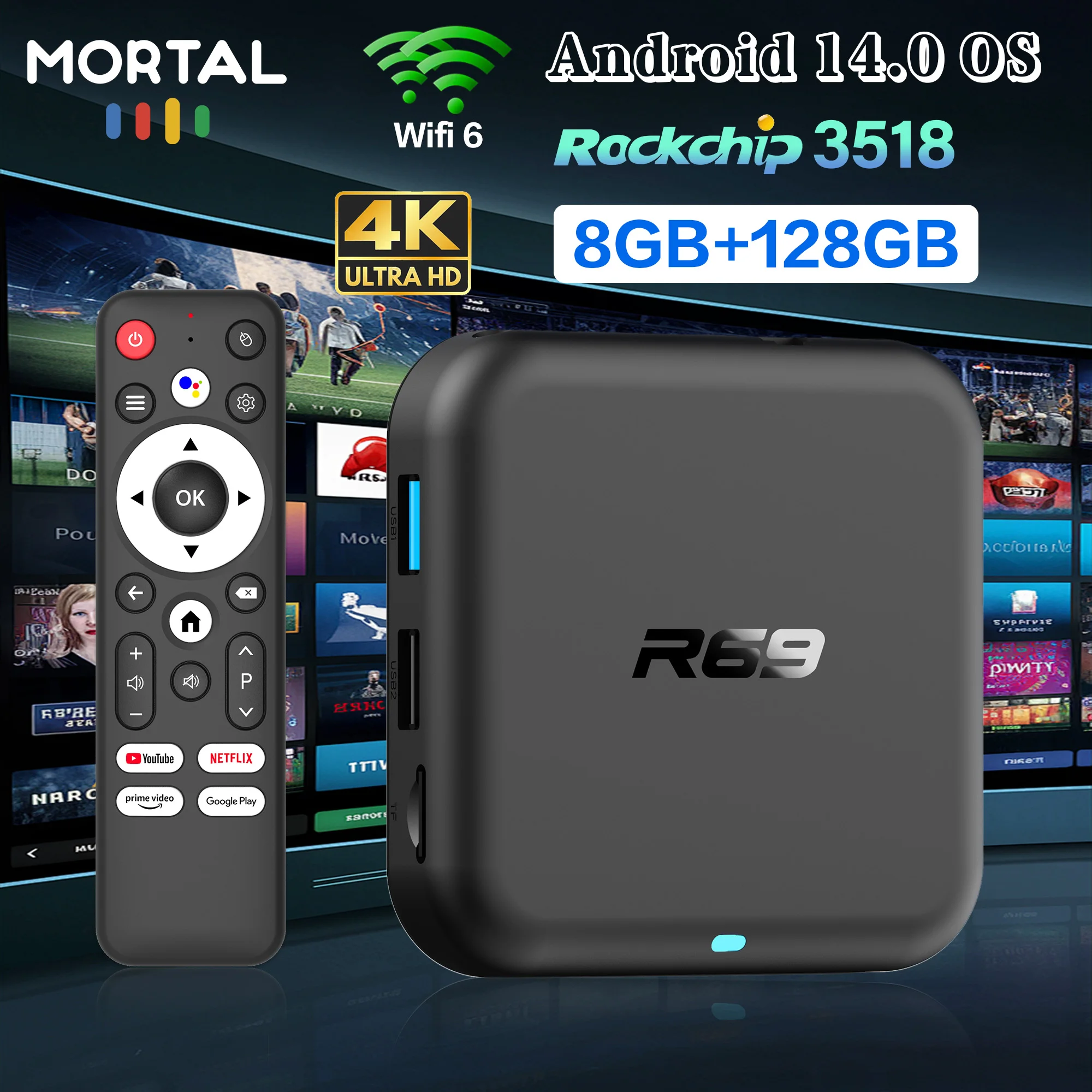 Smart TV Box Android 14.0 Google Voice Chromecast Games 4K HDR 8GB 128GB BT 5.0 WIFI 6 RK3518 R69-1 Home Theater TV Set-top Box