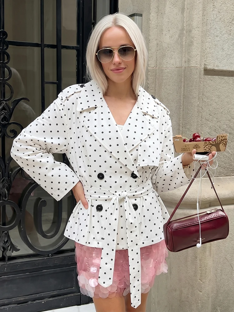 HH Vintage Polka Dot Short Trench Coat Double Breasted Belted Waist Jacket Spring Fall Business Casual Office Retro Streetwear