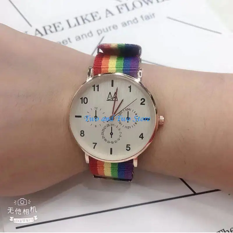 HX6F Fashion Rainbow Stripe Canvas Woven Bracelet Nylon Watch Bands for Male Female