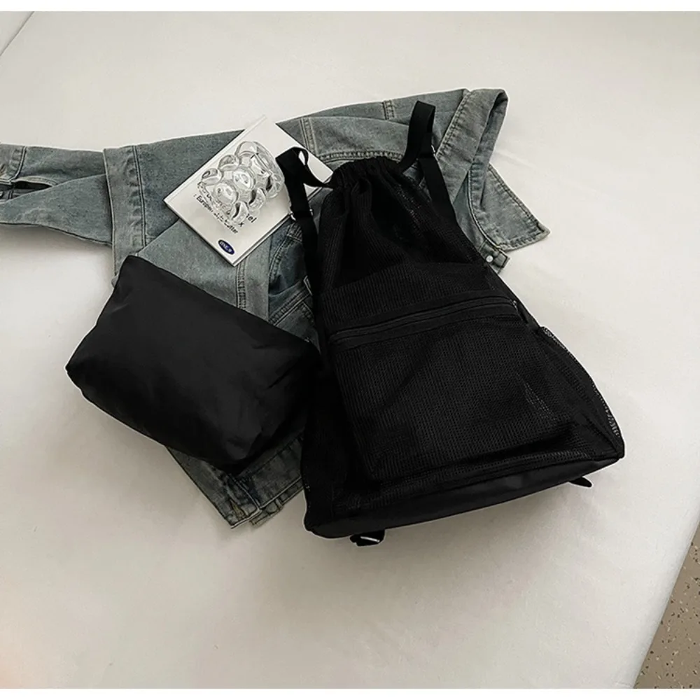 Sweet Korean Style Drawstring Backpack Hollow Portable Nylon Backpack Shoulder Bag Solid Color Mesh Beach Bag Girls