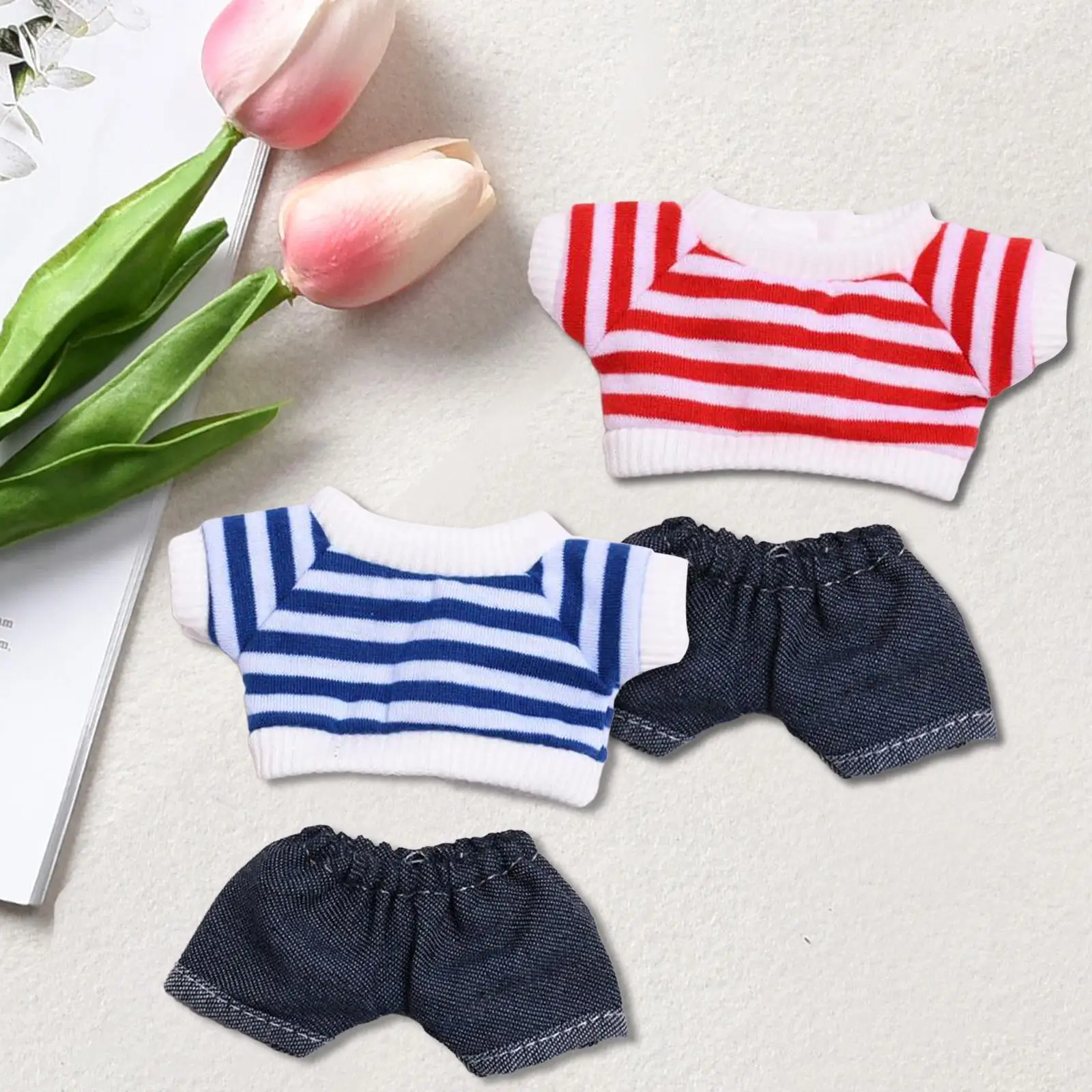 2Pcs Mini Doll Clothes,Doll Clothes Striped Shirt Set,Comfortable Dress up Doll Shorts Set for 17cm Dolls,Kids Age 4-6 8-10