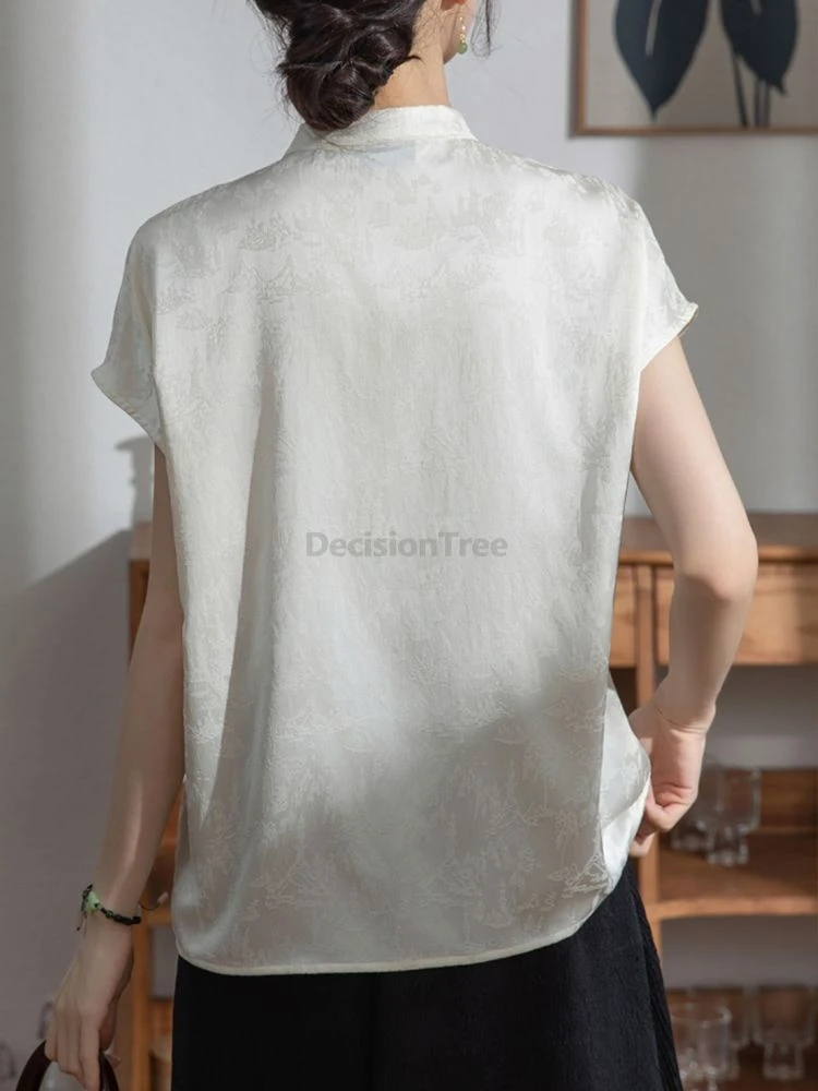 Elegant New Chinese-style Women Satin Jacquard Shirt Summer Retro Stand-up Collar Short Sleeve Top Green Button Chic Qpao Blouse