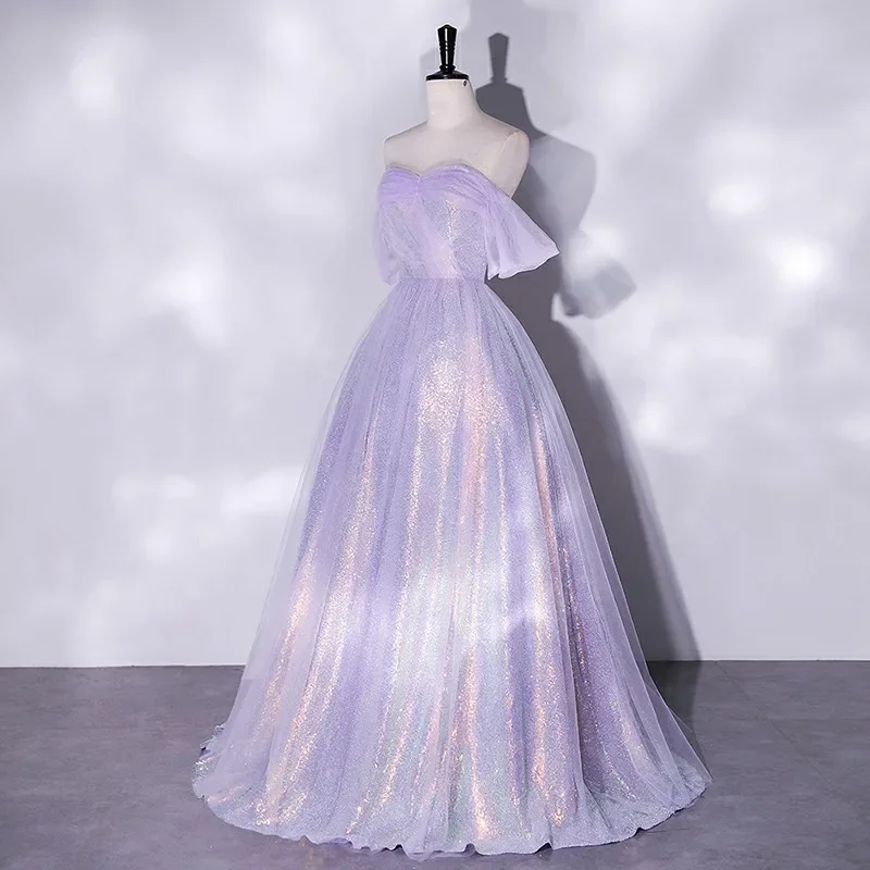 Customized Purple Sequined Off The Shoulder Shouldered Prom Dresses Temperamental Elegant Sleeveless Evening Gowns Sweet Vestido