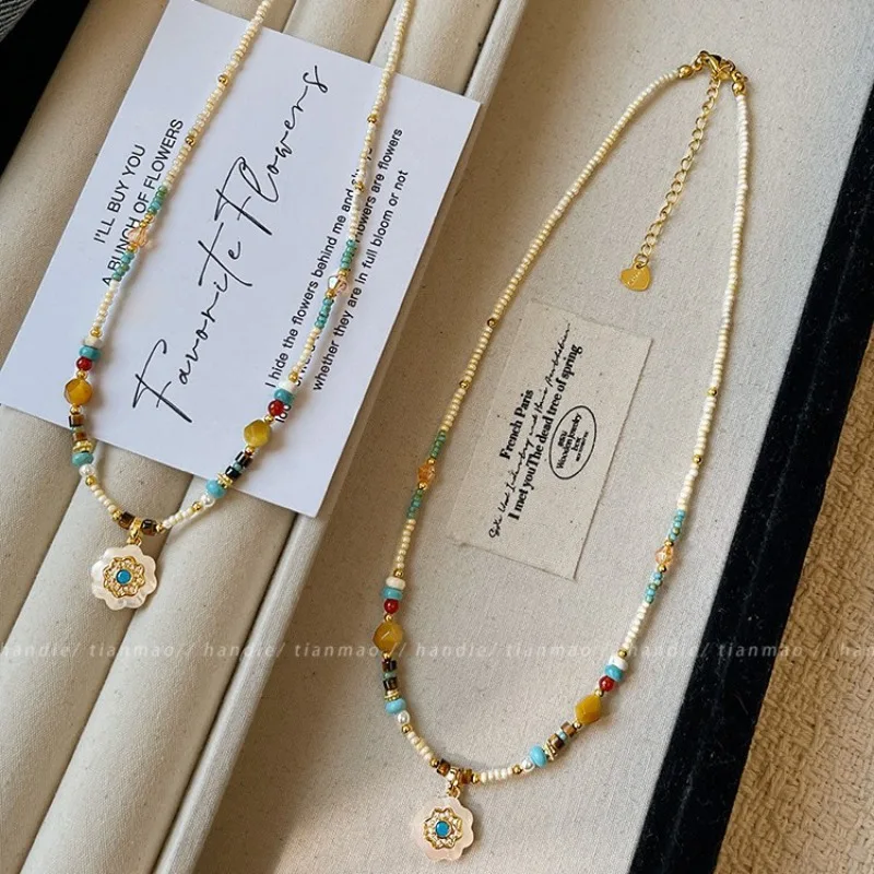 مينار البوهيمي الملونة الحجر الطبيعي فريتيلاريا ميوكي تريند عباد الشمس مطرز قلادة القلائد للنساء سيدة ستراند المختنقون