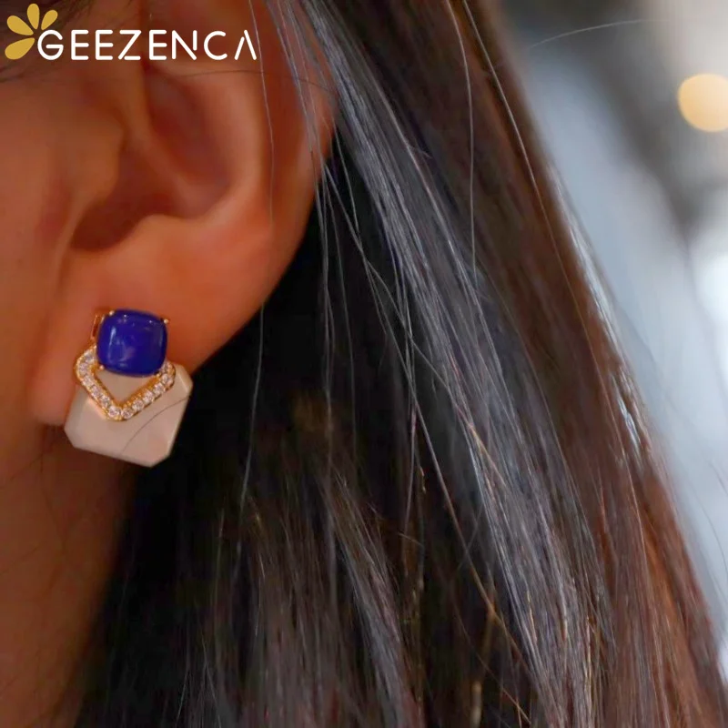GEEZENCA Natural Lapis Lazuli Mother of Pearl S925 Silver Earrings Women Zircon Square Minimalistic Small Earring 2023 New Gift