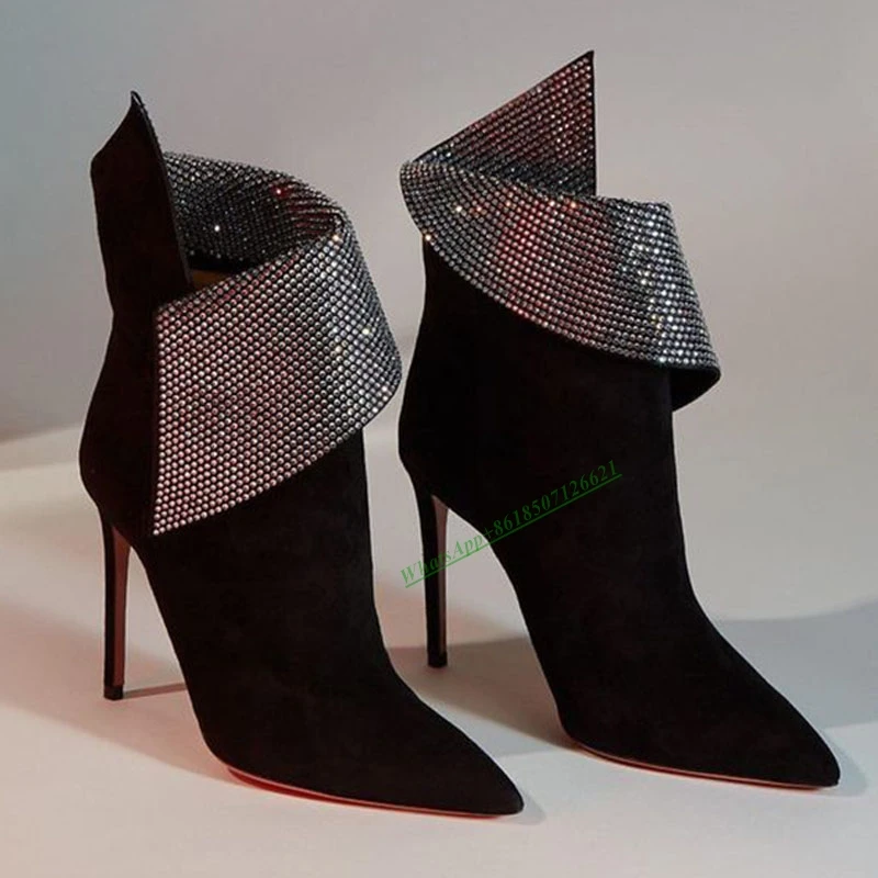 

Stiletto Heel Pointed Toe Patchwork Slip-On Boots Black Fold Over Rhinestones 10.5cm heel Ankle Booties