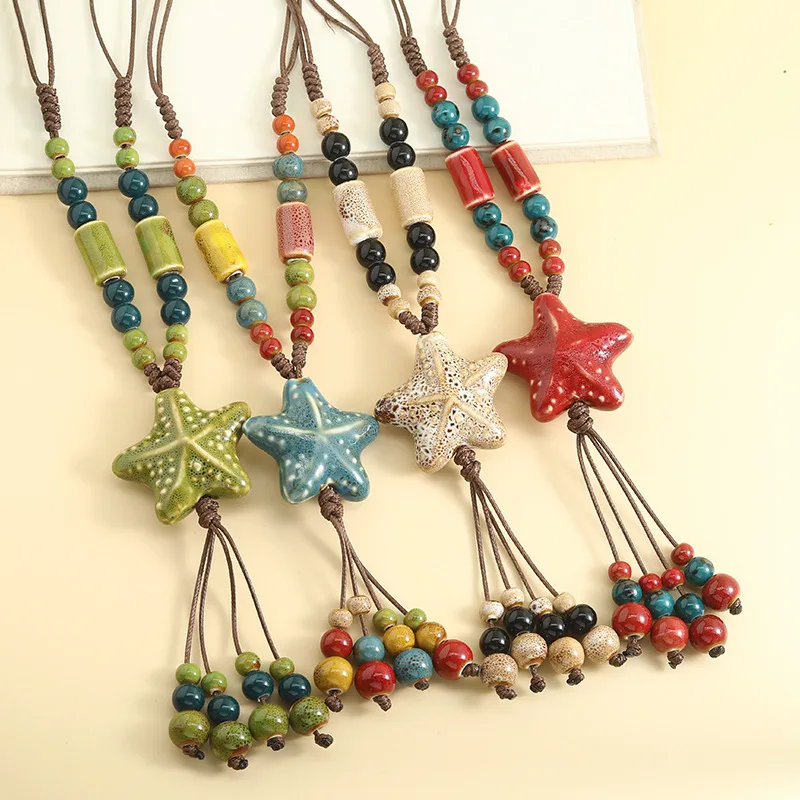 Ceramic Long Necklace  2026 Summer Retro Starfish Ceramic Bohemian Women Jewelry Luxury Sweater Chain Daily Wear Birthday Gifts