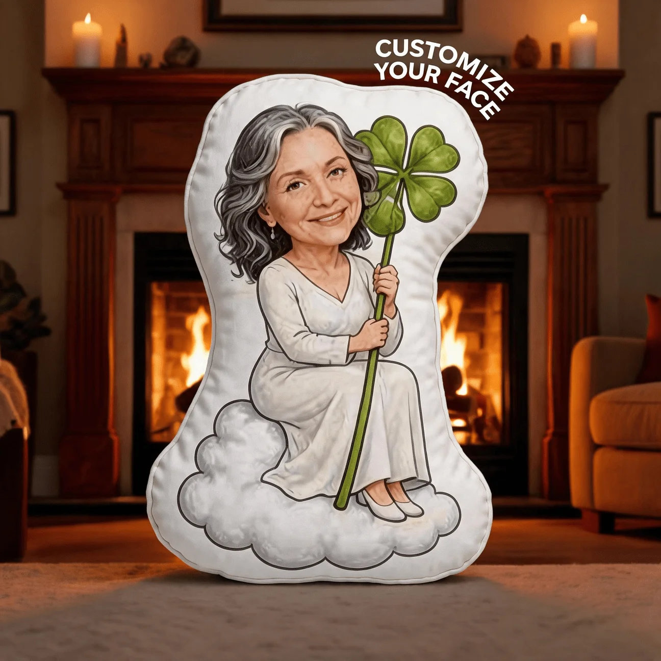 Custom Photo Shaped Pillow, Personalized Lady with Clover Illustration Decorative Cushion, Unique Home Decor Accent for Sofa & B