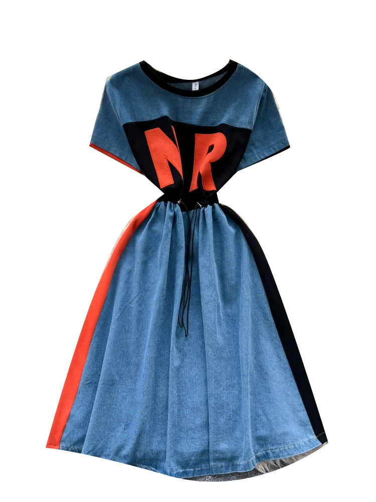 الرجعية الراقية الشعور اللون Blo جولة Ne ort Sve إلكتروني طباعة الدنيم الدكتور المرأة الخصر Cinching تنورة غير رسمية #5