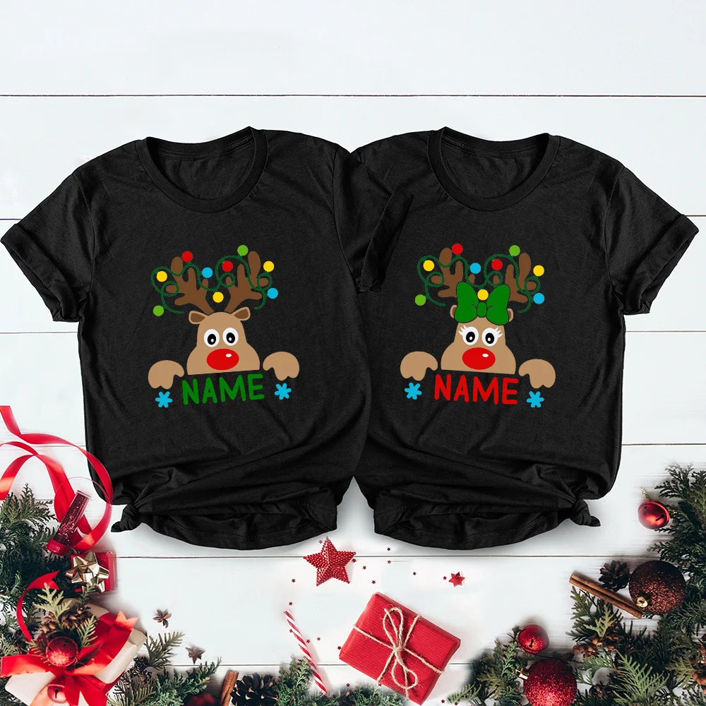 Matching Christmas Family Shirt Custom Name Reindeer Graphic Tees for Family Personalized Holiday Xmas Dad Mom and Me Shirts