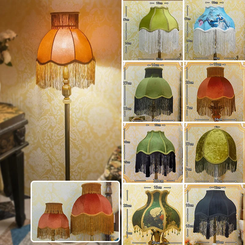 Vintage Lampshade with Tassels E27 Base Universal Replacement Shade European Court Style DIY Lamp Cover for Table Floor Lamp