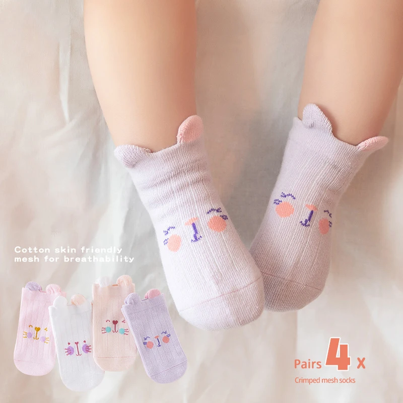 4 Pairs Cartoon Baby Socks Toddler Socks Anti Slip Children's Cotton Floor Socks for Girls Boys Cute Unisex Newborn Accessories