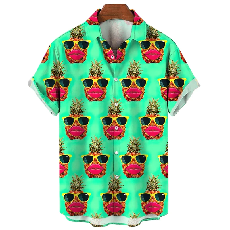 Funny Design Pineapple Sunglasses Graphic Blouses Fashion Hip Hop Fruit 3D Printed Shirts For Men Clothes Summer Y2k Button Tops