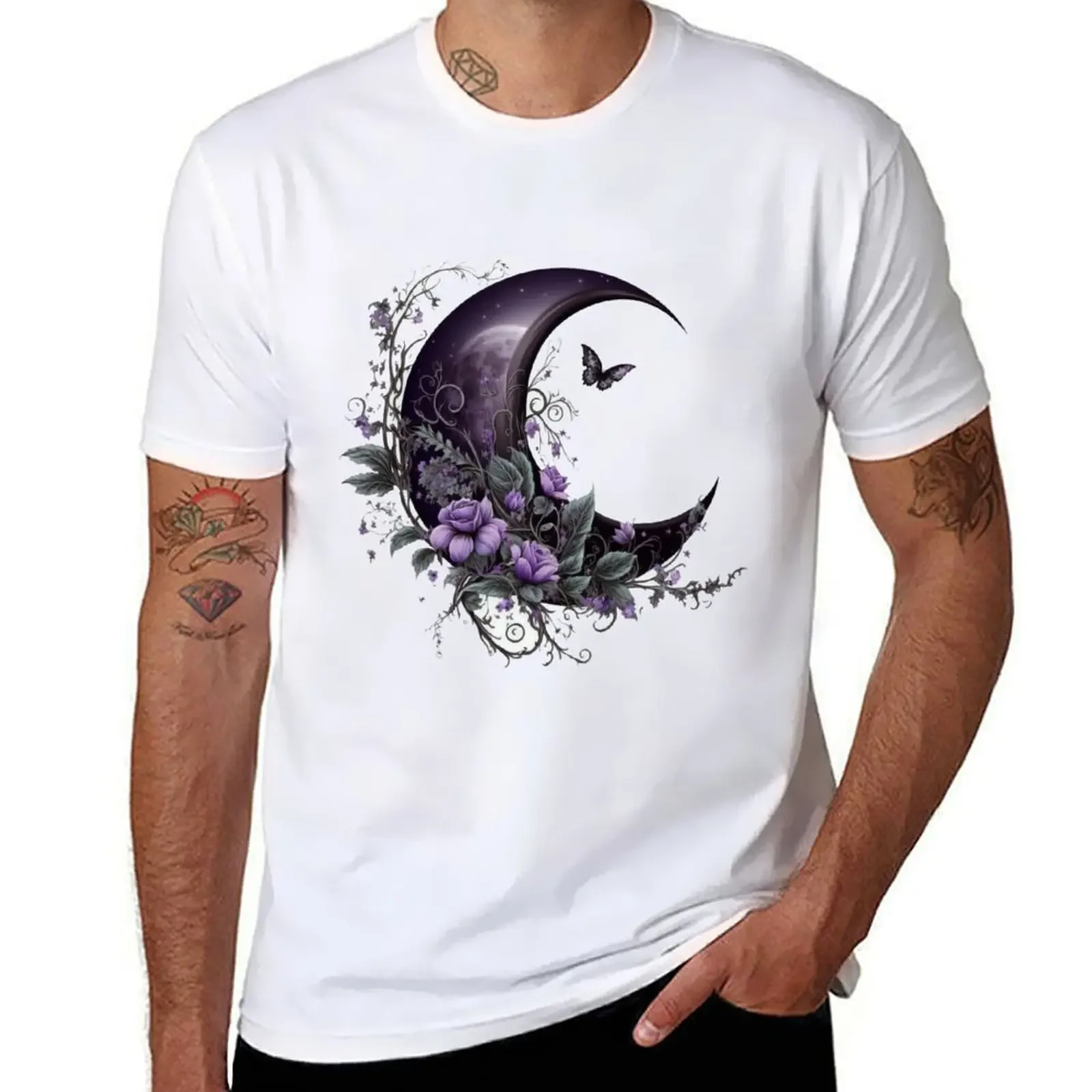 

Purple Lilac Black Butterfly Crescent Moon Flower T-Shirt Blouse customizeds men graphic t shirts