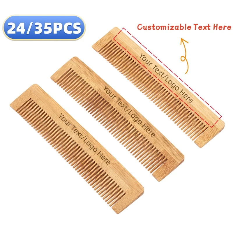24/35PCS Customizable Natural Bamboo Comb for Women's Hair Health Massage Straight Hair Comb Wooden Makeup Comb Haircare
