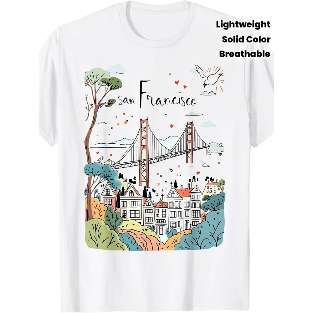 San Francisco Golden Gate Bridge Art Print SF City Souvenir T-Shirt Quick Dry T-Shirt Breathable Lightweight Summer Casual Crew Neck Wrinkle Free Solid Color for Office Gym Daily Wear