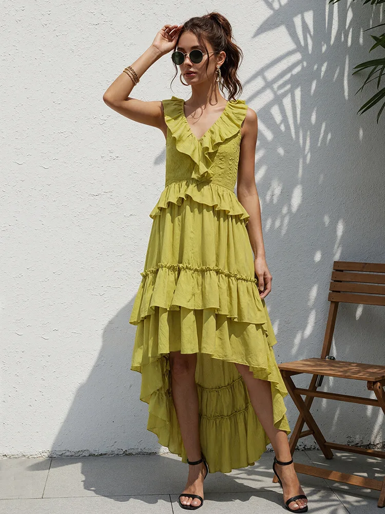 

Solid Slimming Spliced Ruffles Folds Irregular Dresses Sexy V Neck Sleeveless High Waist Fashion Female Summer Vacation Dresses