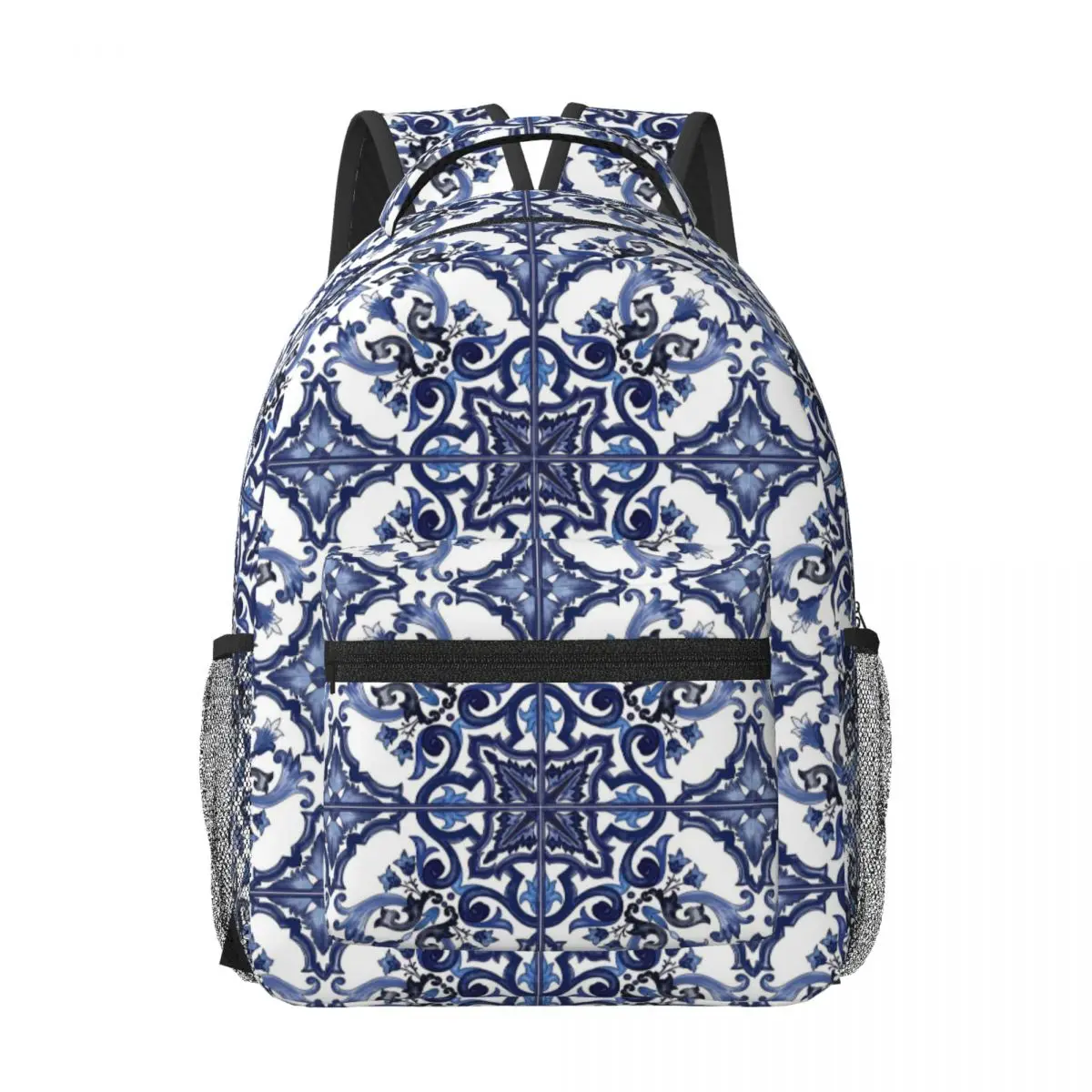 Blue Ornate Floral Mediterranean Sicilian Tile Backpacks Boys Girls Bookbag School Bags Portability Travel Rucksack Shoulder Bag