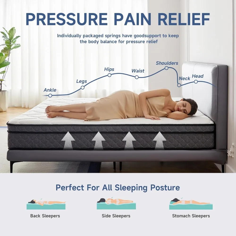 " مرتبة هجينة من إسفنج الذاكرة مقاس 12 بوصة مع زنبرك جيب لعزل الحركة"