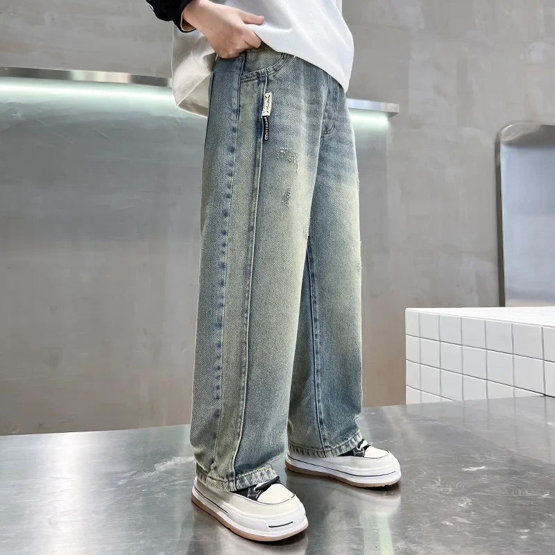

Spring Autumn Casual Boys Jeans Child Baggy Wide-Leg Clothes Teenager For 120-170cm New Boys Retro Jeans Children's Denim Pants