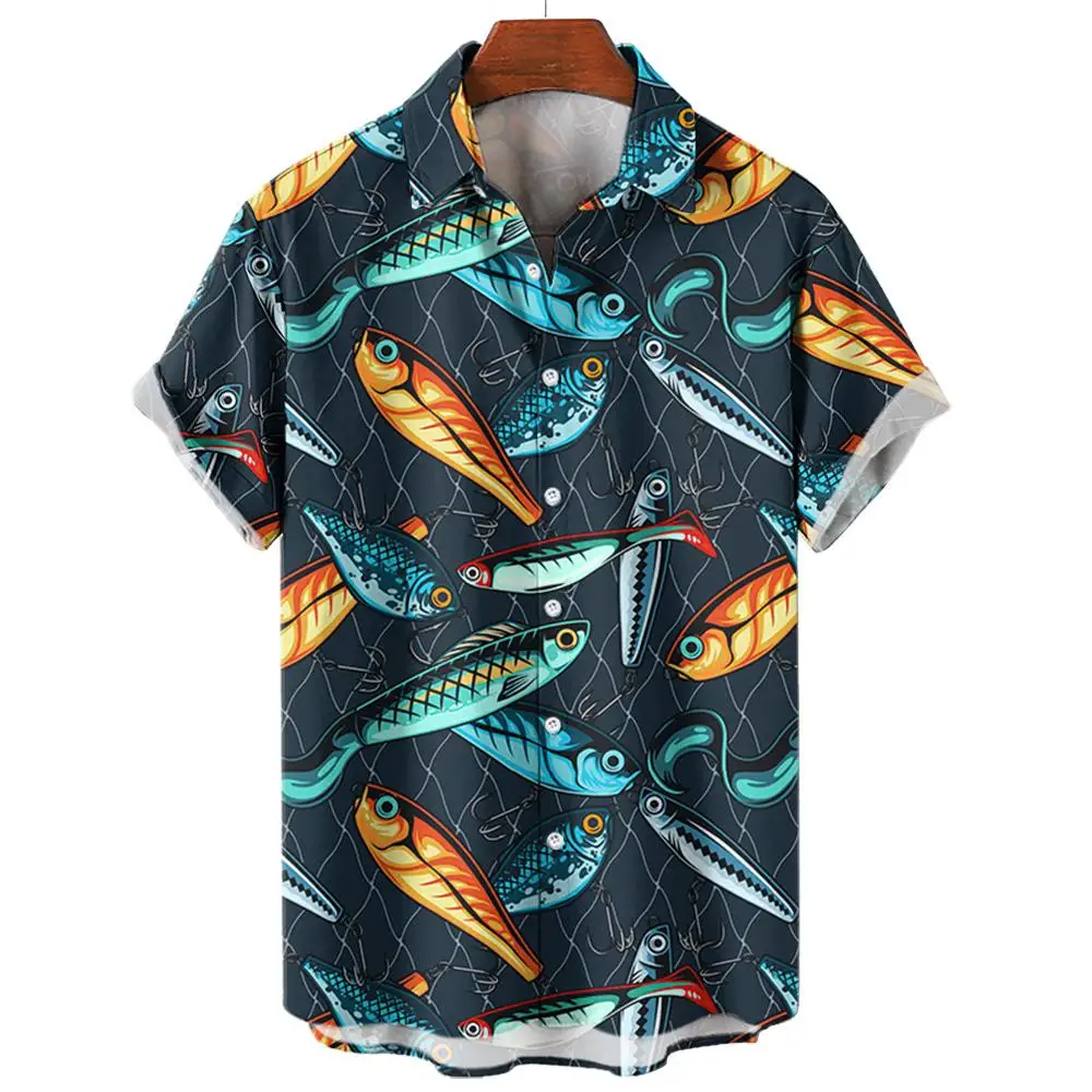 Men\'s Hawaiian Shirts 3D Print Fish Graphics Fashion Button Short Sleeve Lapel Streetwear Hawaiian Blouse shirts for men Summer