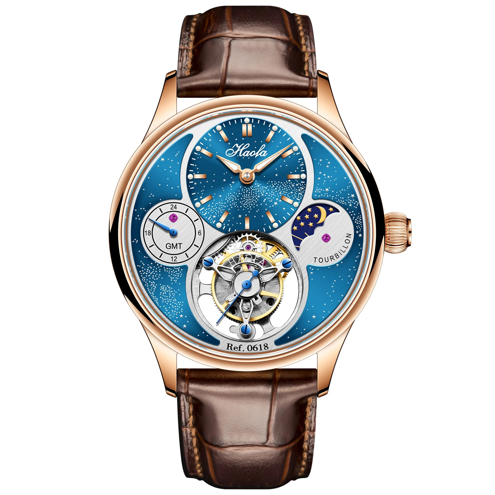 Haofa Mechanical watch Man Tourbillon Starry Sky Day and Night GMT 316 Stainless Steel Full Grain Cow Leather 19 Jewels 0618