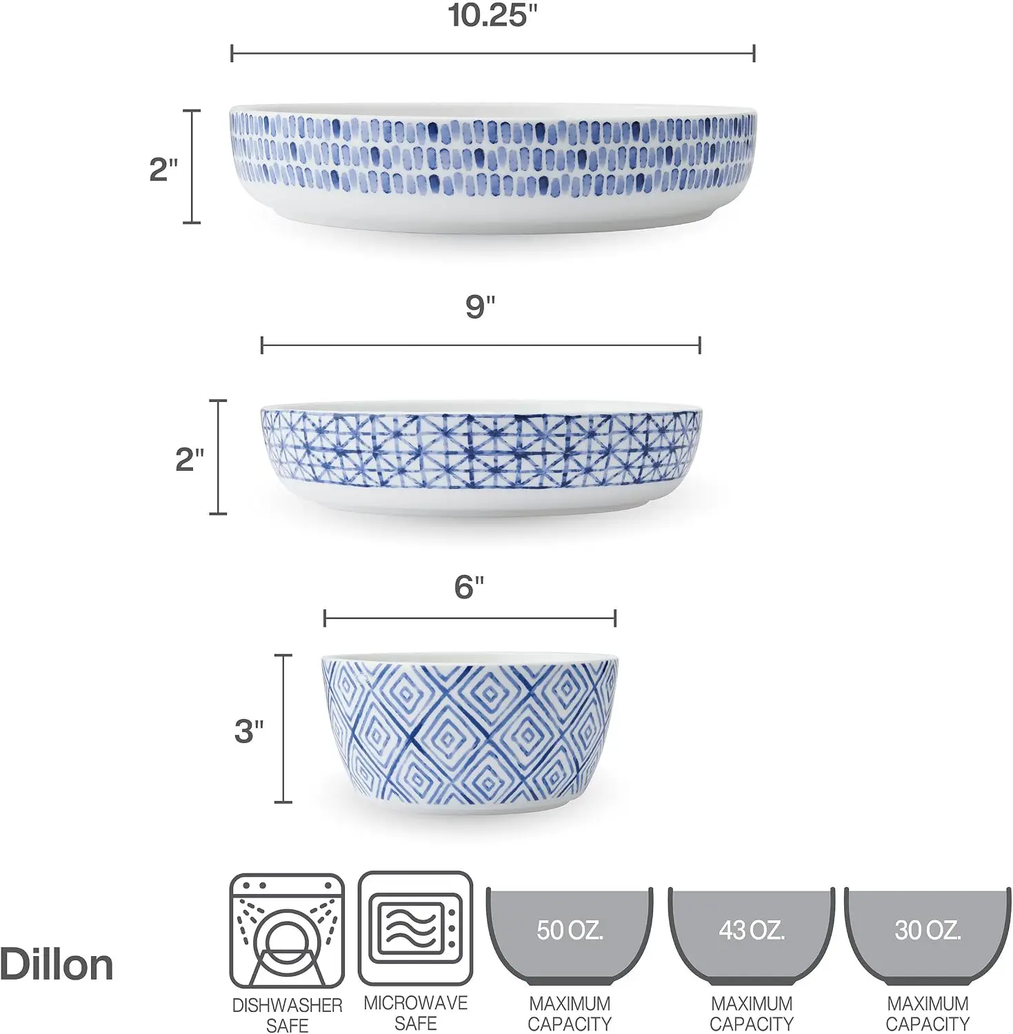 Blue Bone China Dinnerware Bowl Set, 9-Piece, Service for 3, Lightweight and Chip Resistant
