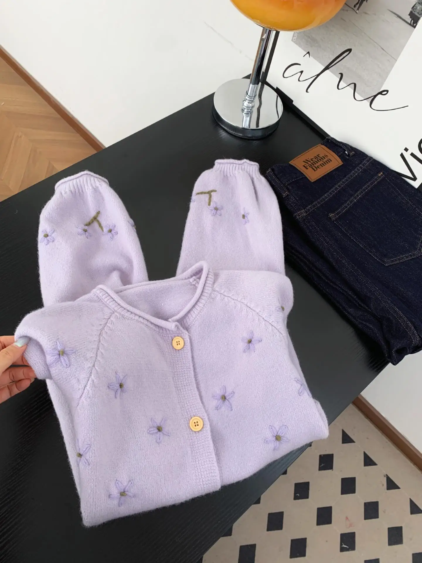 سترة نسائية محبوكة فضفاضة من Sweet Sle سترة مطرزة بالزهور الأرجوانية اللطيفة للخريف والشتاء