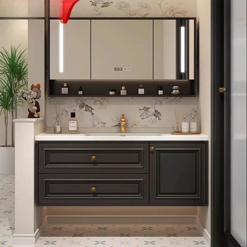 French light luxury oak ceramic integrated basin bathroom cabinet combined bathroom custom face wash basin cabinet