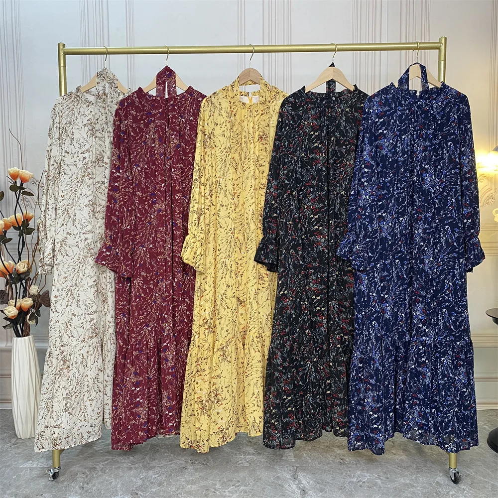 

2024 Morocco Muslim Women Chiffon Print Abaya Dress Turkey Arab Belted Dubai Islam Kaftan Party Jalabiya Vestido Caftan Gown