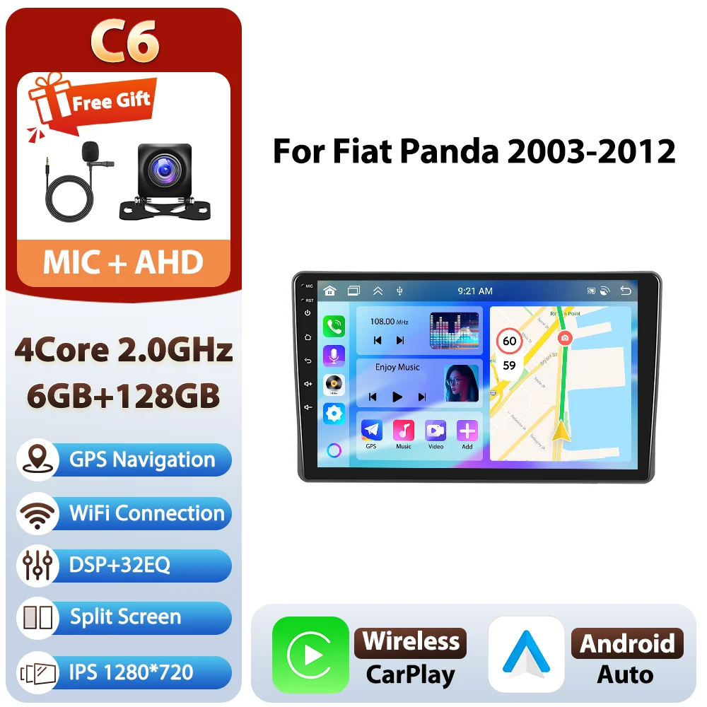 Podofo Android 9 inch 8-core 8+128GB autoradio voor Fiat Panda 2003-2012 met 4G WIFI, multimediaspeler, GPS, AM/FM/RDS
