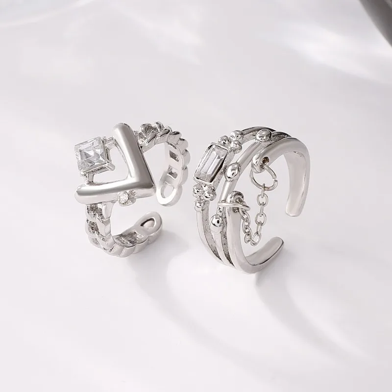 

ins multi-layer chain individual cold wind zircon love ring female versatile open index finger ring set wholesale