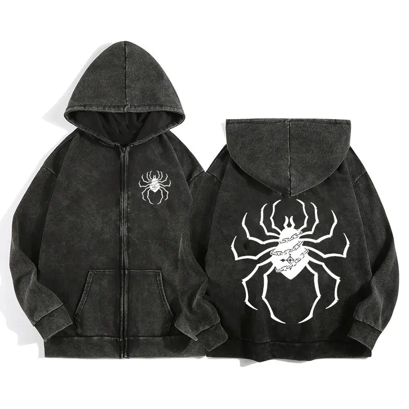 Y2K Acid Wash Zip Up Hoodie Harajuku Retro Gothic Graphic Spider