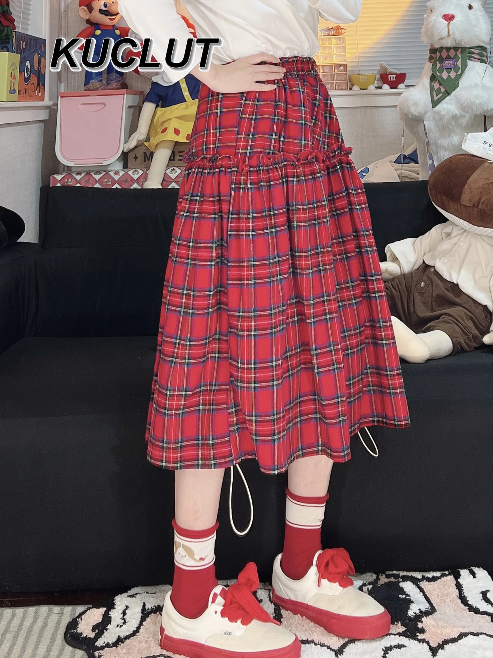 

Весенняя винтажная клетчатая красная юбка для девочек, полудлинная юбка Femme, осень-зима, модные новые женские повседневные юбки в японском стиле
