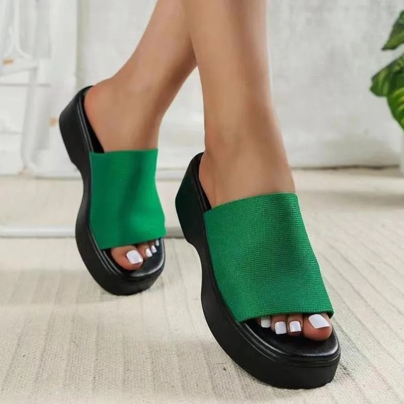 New Women\'s Modern Slippers Design Square Toe Muffin Bottom Slides Shoes Outside Clogs Fashion Platform Wedge Heel Slippers 2023