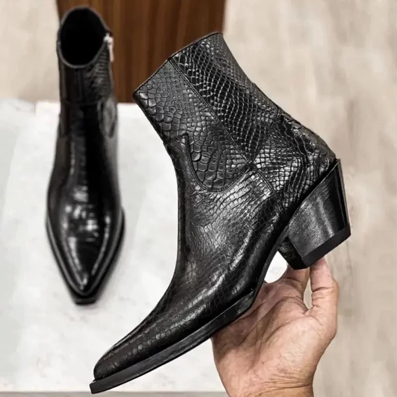 

Black Snake Print Men's Chelsea Ankle Boots Pointed Toe Chunky Heel Side Zipper Short Ridding Boot Western Style Dress Shoes