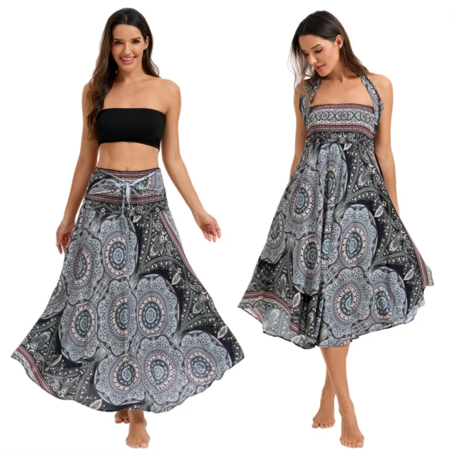 Damen Boho-Kleid aus Rayon, Atmungsaktiv, Weich, Sommerliches Bohemian Langes Kleid, Strandkleidung, Urlaub, Elastische Taille, Bandage-Neckholder, Hippie-Kleid – Detail 10