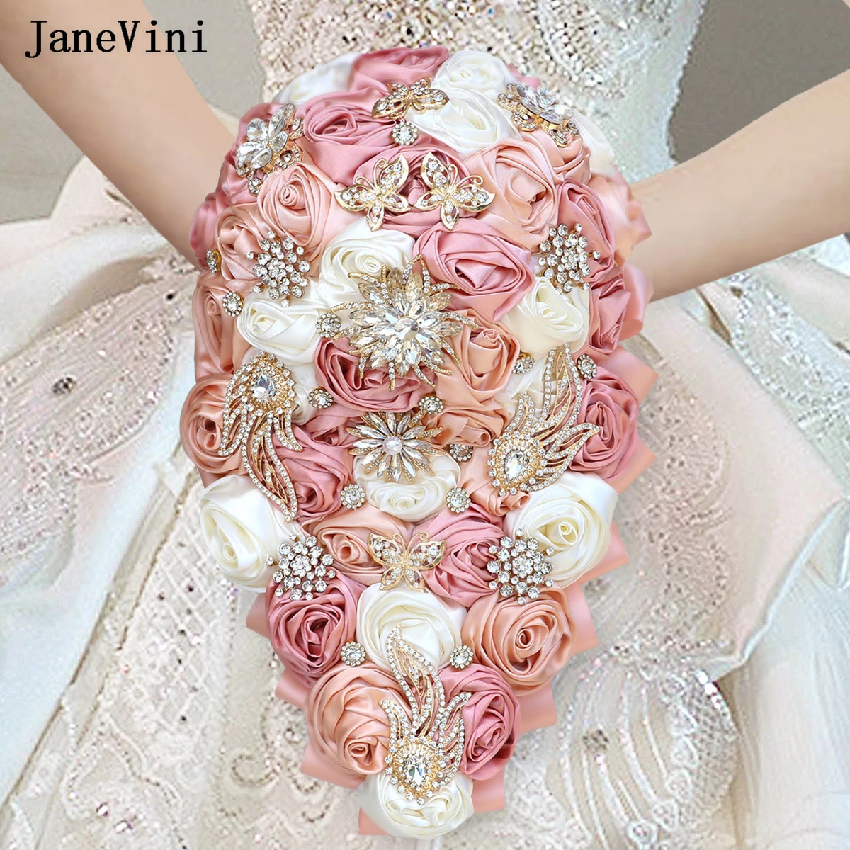 JaneVini Dusty Pink Cascading Flowers Waterfall Bridal Bouquets with Rhinestone Handmade Satin Roses Bouquet Wedding Accessories