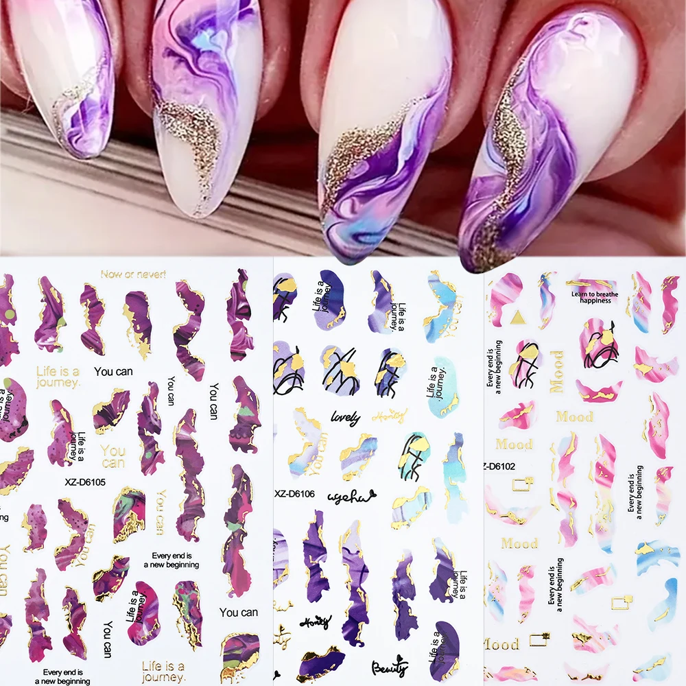 Pegatinas para uñas de mármol con ondas doradas, calcomanías autoadhesivas con diseño de humo geométrico para manicura DIY, pegatina de tinta floreciente, 1 ud.