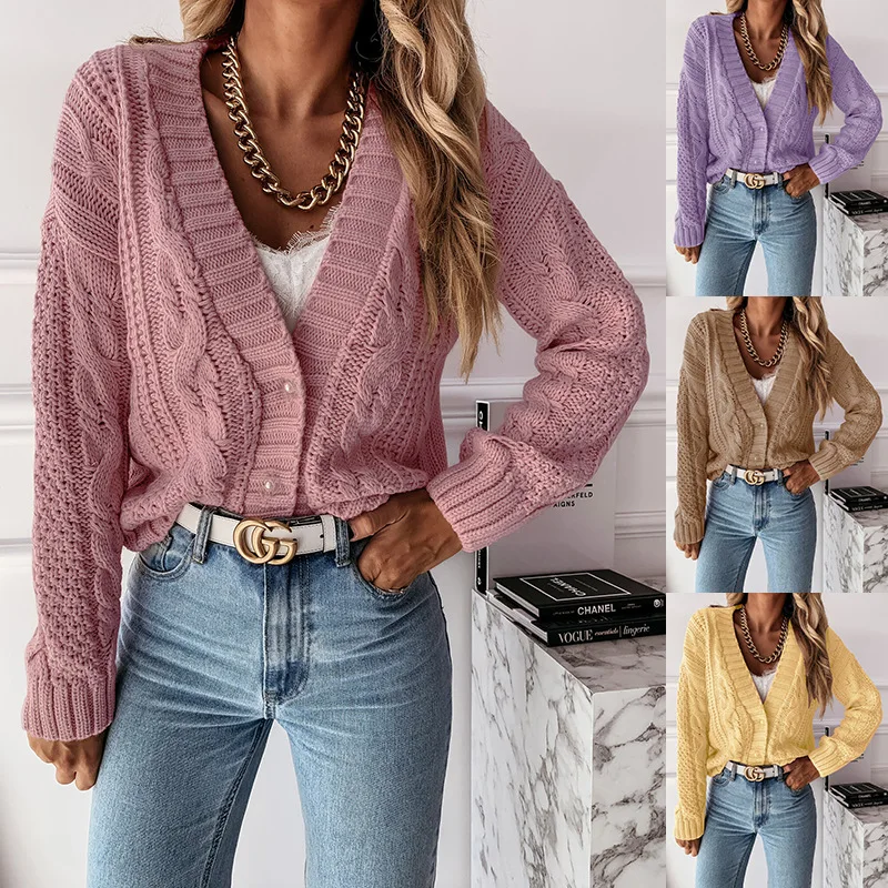 

Europe and America Foreign Trade Autumn and Winter Knitted Cardigan V-neck Loose Trend Comfortable Ventilate Fried Dough Twist