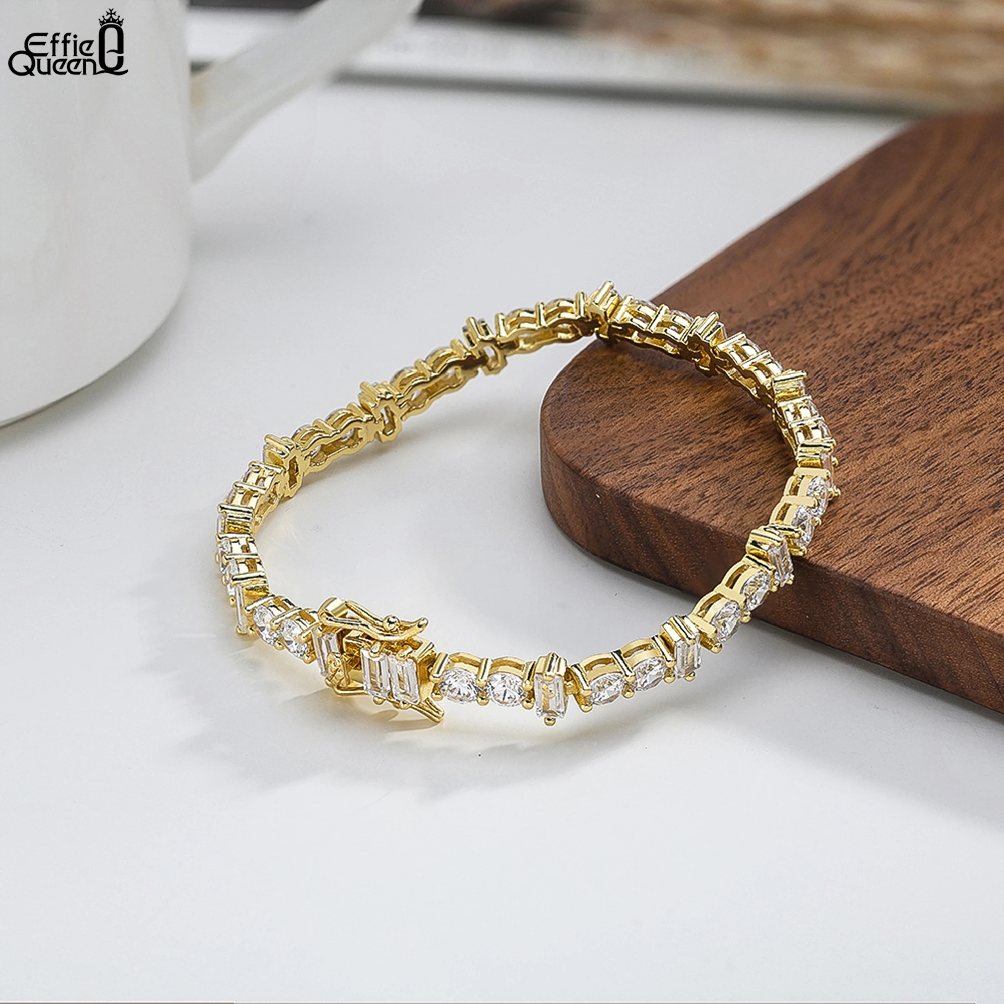 

EFFIE QUEEN S925 Серебряный теннисный браслет-цепочка на руку, позолоченный 14 К, овальный цирконий 5А, современный стиль, ювелирные изделия унисекс SB208