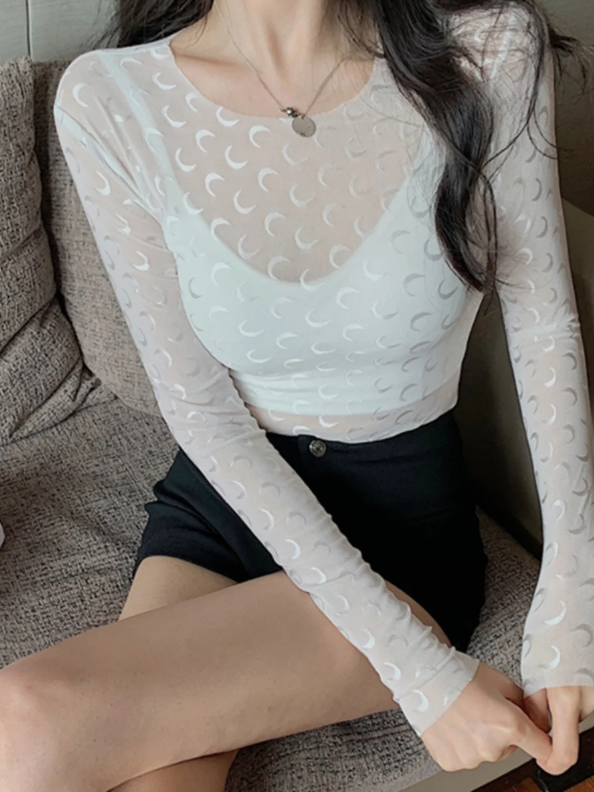 Moon Mesh Base Shirt Women's Tight Long Sleeve T-shirt High Elasticity Sun Protection Top Korean Style Creative Pattern