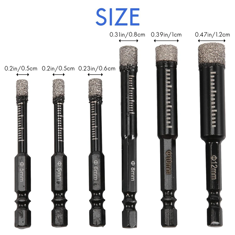 New 6Pc Black Dry Diamond Drill Bits Set For Granite Ceramic Marble Tile Stone Glass Hard Materials 5/6/8/10/12Mm