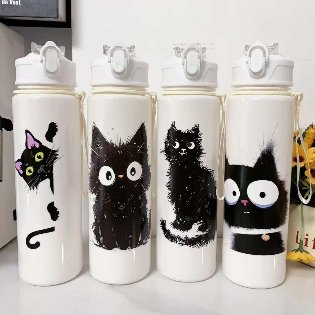 Botella de agua de dibujos animados de gato negro de 750ml, sin BPA, para viajes al aire libre, regalo para el hogar para amigos y familiares, estudiantes, Camping en la naturaleza