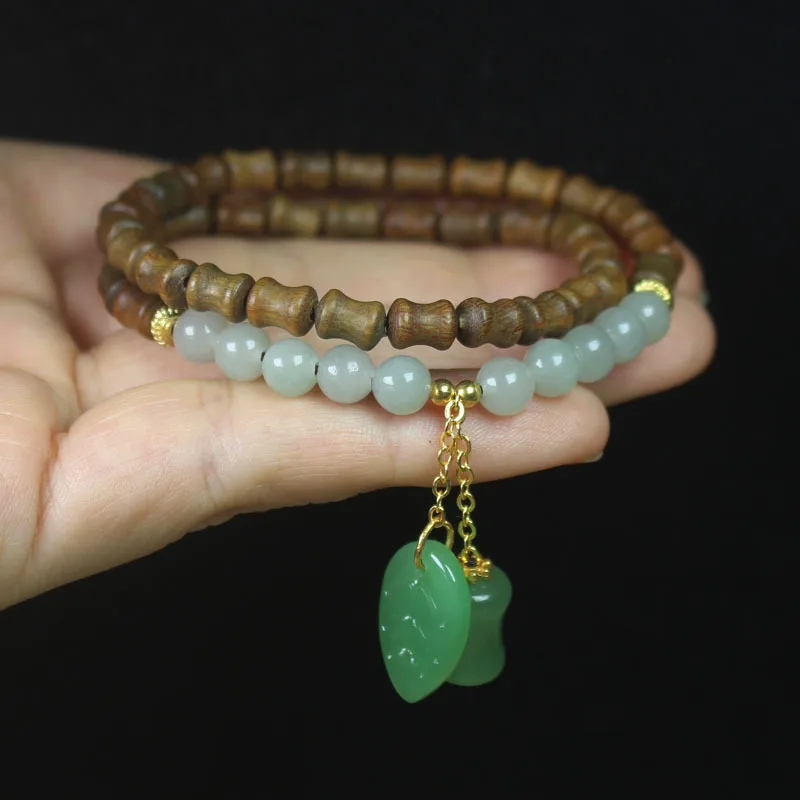 Green Sandalwood Bamboo Joint Double Circle Buddhist Bead Bracelet with Green Leaf Pendant, Forest Style Simple DIY Handmade Bea