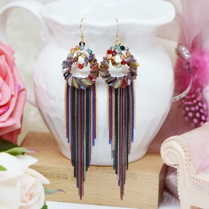 

S925 Ethnic Style Hand-woven Long Tassel Hoop Earrings Bohemian Style Exaggerated Personality Earrings for Women Christmas Gift