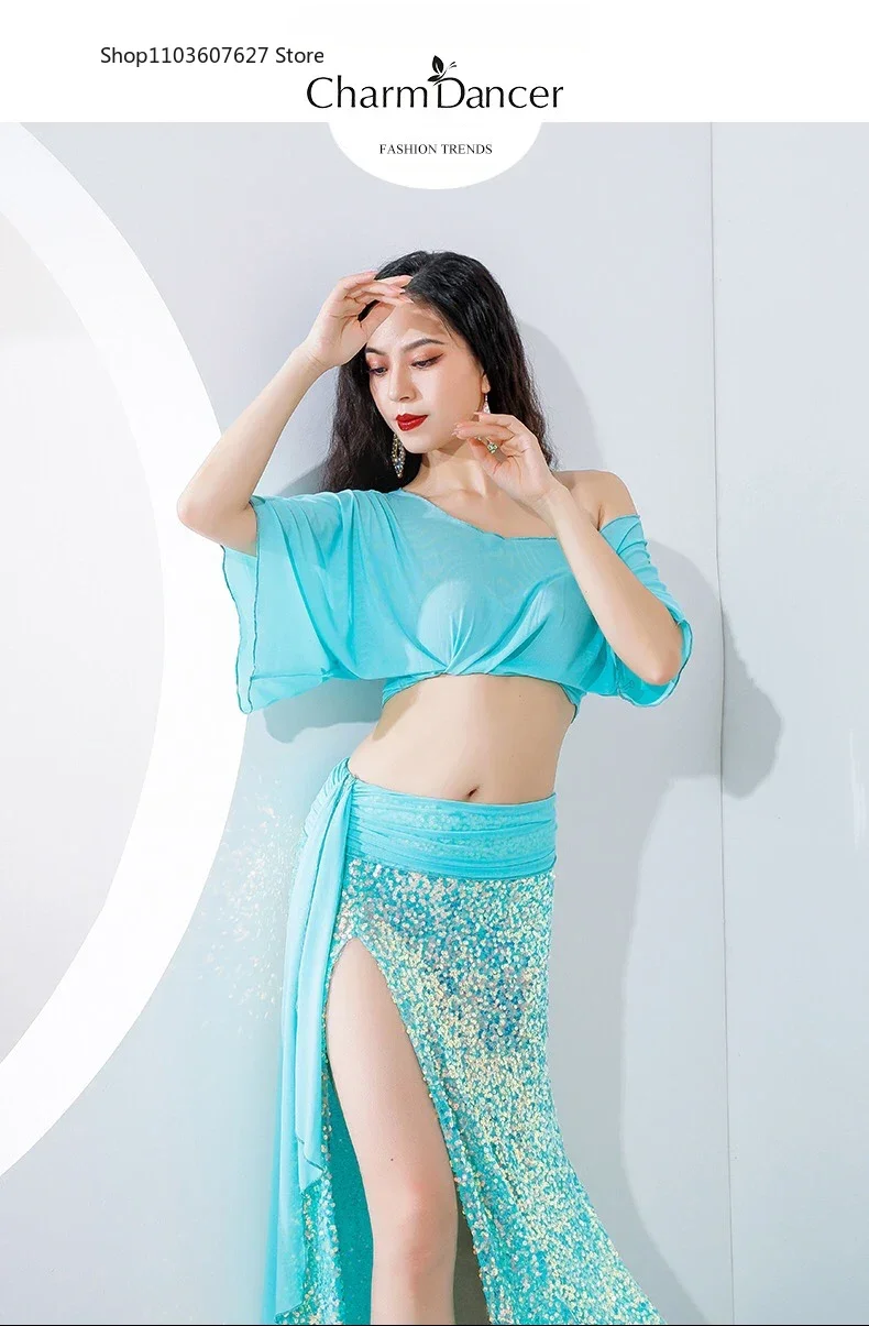 Traje de práctica de danza del vientre para mujer, Top de manga corta de hilo, falda de lentejuelas de sirena, ropa de ejercicio de danza Oriental