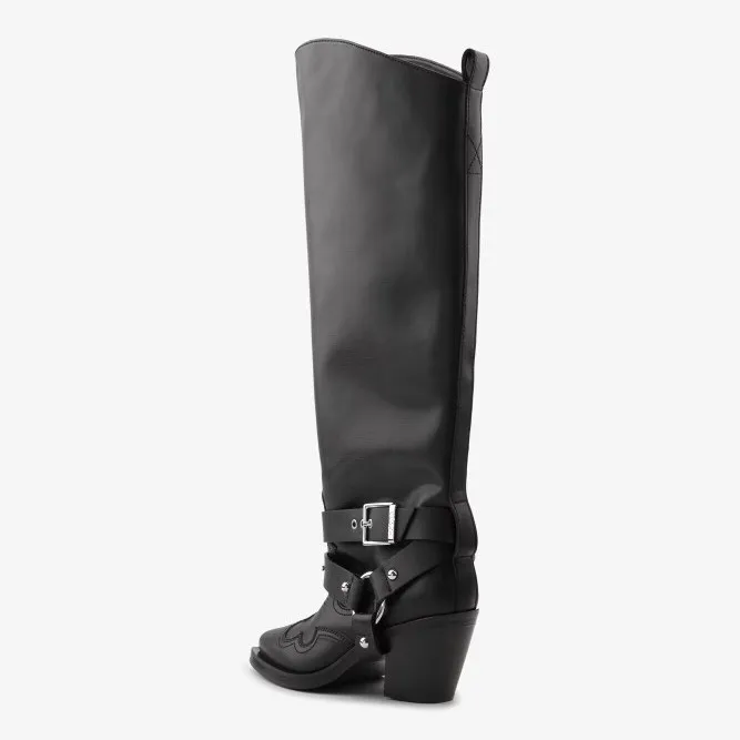 المرأة جلد أسود الركبة عالية أحذية رعاة البقر مشبك حزام التفاصيل أشار تو كتلة كعب النمط الغربي أحذية الموضة الطرف #5