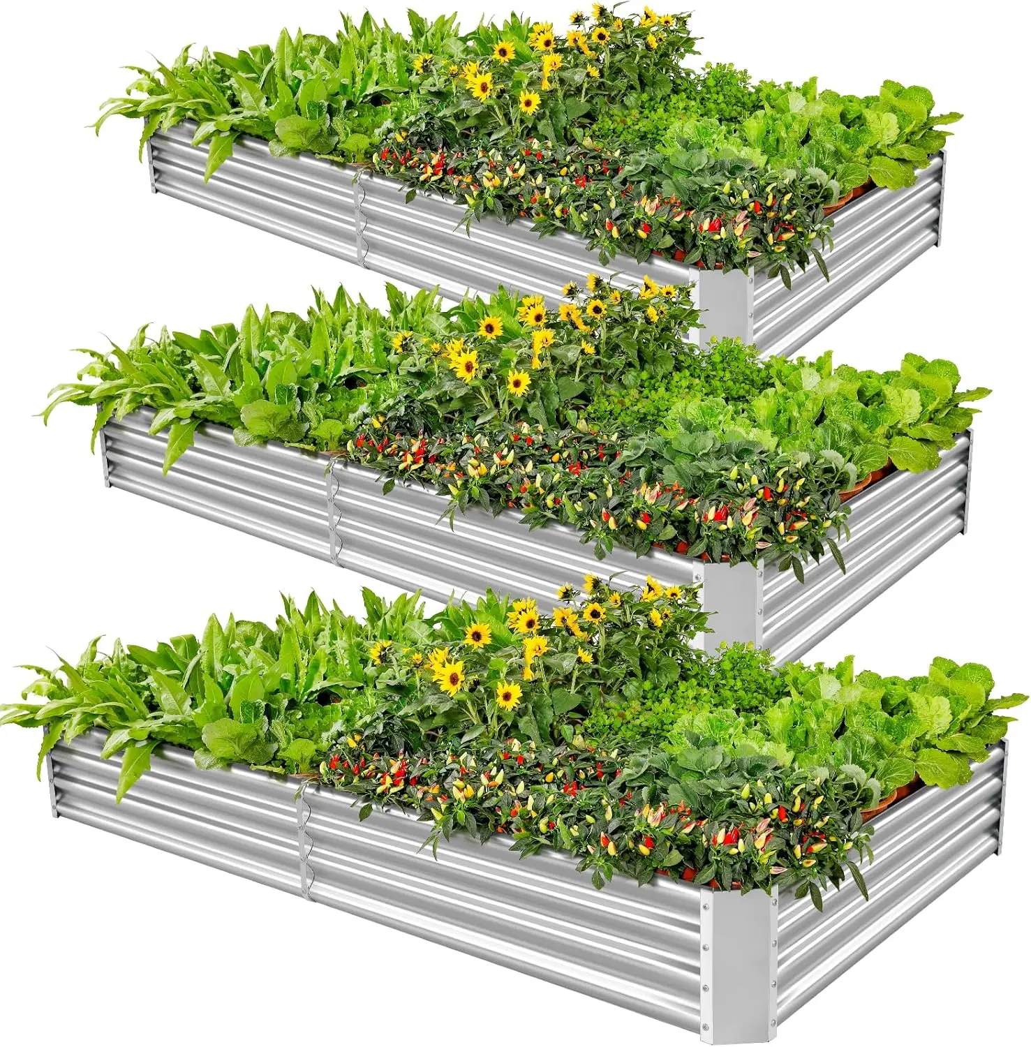 Outdoor Gardening 3 Pack Galvanized Metal Planter Kits, Silver, for Deep-Rooted Vegetables, Flowers and Herbs
